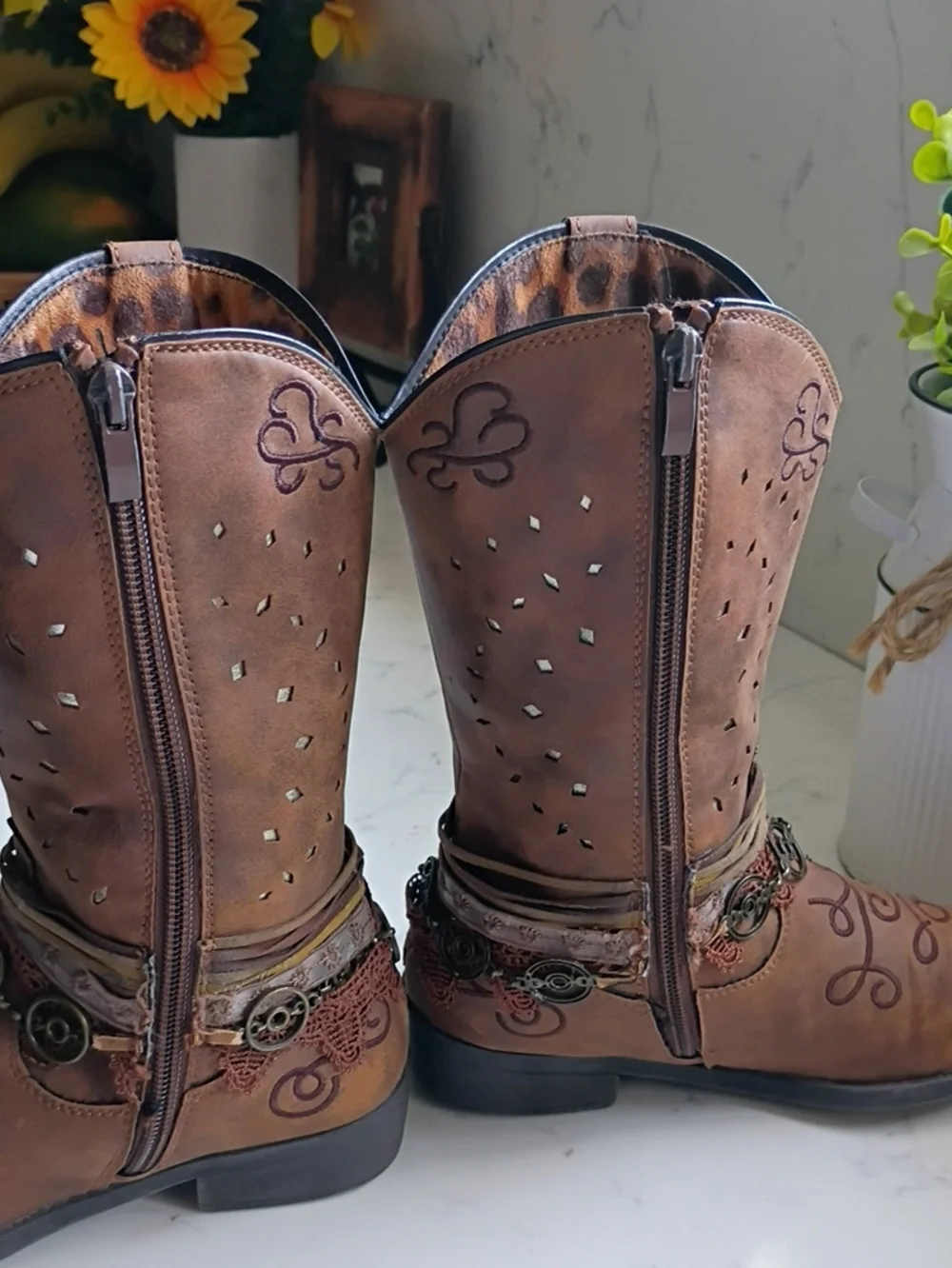 Rodeo Ropers Brown Embroidered Western Boots with Coin & Lace Accents